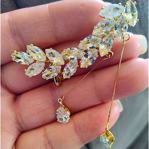 Gold Zircon Leaf Ear Climber Tassel Crystal Rhinestone Earring